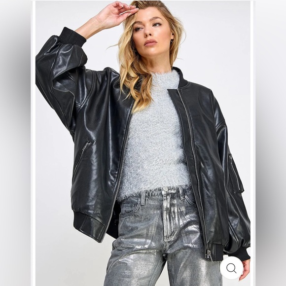 ZIP UP POCKETS PU Faux Leather Bomber Jacket - Picture 5 of 8
